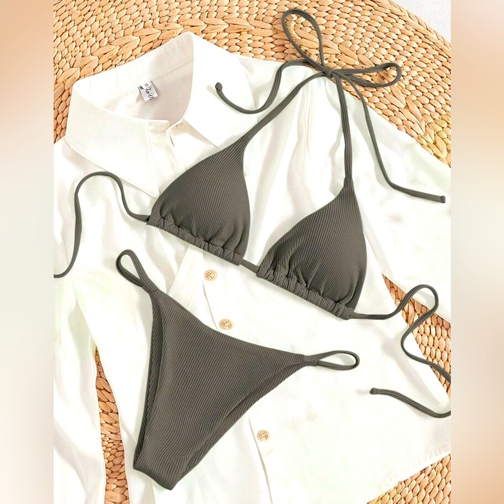 Brand new, chocolate brown/warm grey, ribbed bikini set is TWO sizes.